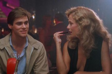 Once Bitten 1985 Movie Scene Jim Carrey as Mark Kendall in a bar talking to Lauren Hutton as Countess