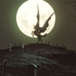 Vampire Hunter D Bloodlust 2000 Movie Scene D riding his horse in the graveyard in front of the full moon
