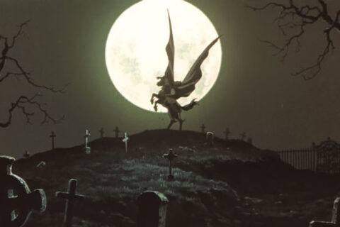 Vampire Hunter D Bloodlust 2000 Movie Scene D riding his horse in the graveyard in front of the full moon