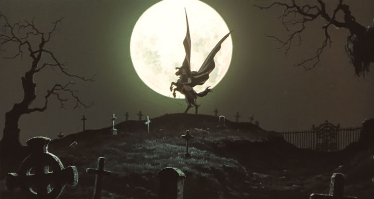 Vampire Hunter D Bloodlust 2000 Movie Scene D riding his horse in the graveyard in front of the full moon