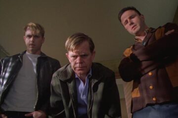 Stealing Sinatra 2003 Movie Scene David Arquette as Barry Keenan, William H. Macy as John Irwin, and Ryan Browning as Joe Amsler looking at kidnapped Frank Sinatra Jr.