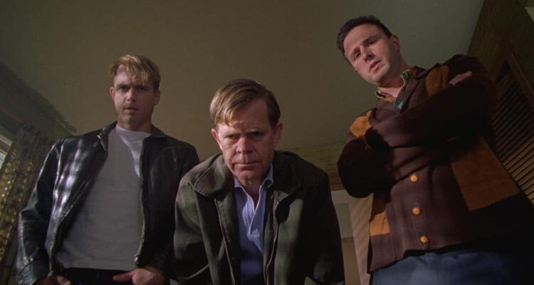 Stealing Sinatra 2003 Movie Scene David Arquette as Barry Keenan, William H. Macy as John Irwin, and Ryan Browning as Joe Amsler looking at kidnapped Frank Sinatra Jr.