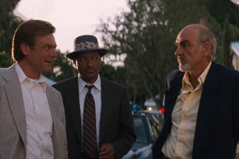 Just Cause 1995 Movie Scene Sean Connery as Armstrong, Laurence Fishburne as Sheriff Tanny Brown and Christopher Murray as Detective T.J. Wilcox talking about the murder