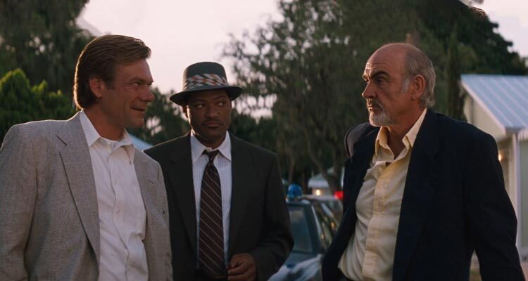 Just Cause 1995 Movie Scene Sean Connery as Armstrong, Laurence Fishburne as Sheriff Tanny Brown and Christopher Murray as Detective T.J. Wilcox talking about the murder