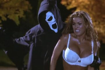 Scary Movie 2000 Scene Ghostface killer stabbing Carmen Electra as Drew after taking her clothes off and leaving her in white underwear