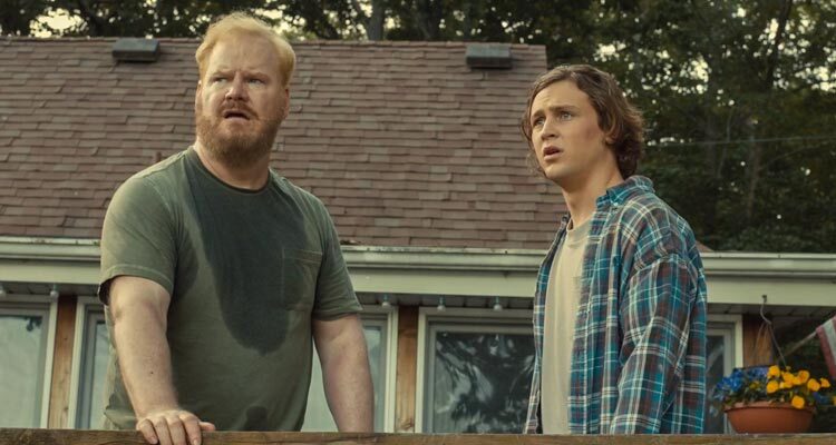 Being Frank AKA You Can Choose Your Family 2018 Movie Jim Gaffigan as Frank and Logan Miller as Philip seeing the two families meet