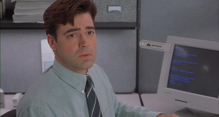 Office Space 1999 Movie Scene Ron Livingston as Peter pestered by his boss at his workplace