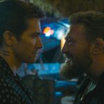 Road House 2024 Movie Scene Jake Gyllenhaal as Dalton and Conor McGregor as Knox squaring off in the bar