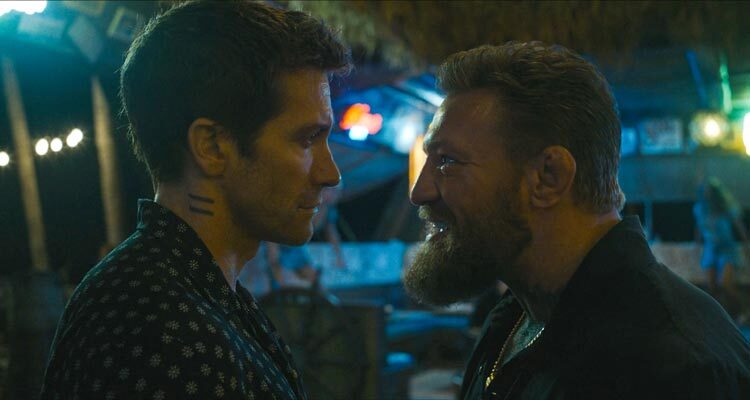 Road House 2024 Movie Scene Jake Gyllenhaal as Dalton and Conor McGregor as Knox squaring off in the bar