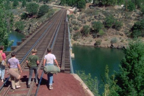 Stand by Me 1986 Movie Scene Four friends about the cross the train bridge not knowing that the train is right behind them