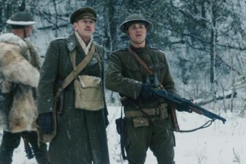 Trench 11 2017 Movie Scene Ted Atherton as Maj. Jennings and Luke Humphrey as Capt. Cooper looking at the bunker from distance