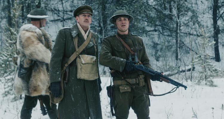Trench 11 2017 Movie Scene Ted Atherton as Maj. Jennings and Luke Humphrey as Capt. Cooper looking at the bunker from distance