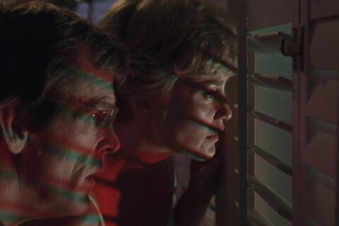 Cape Fear 1991 Movie Scene Nick Nolte as Sam Bowden and Jessica Lange as Leigh watching through the shutters of their window at Max Cady