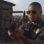 Linewatch 2008 Movie Scene Cuba Gooding Jr. as Michael Dixon in his border patrol uniform holding a gun pointed at the criminals