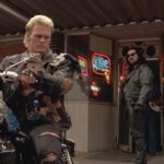 Stone Cold 1991 Movie Scene Brian Bosworth as Joe Huff AKA John Stone on his custom built motorcycle as William Forsythe as Ice is staring him down