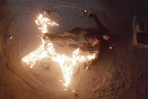 The First Power 1990 Movie Scene The body of Jeff Kober as Patrick Channing AKA The Pentagram Killer laying inside the burning pentagram