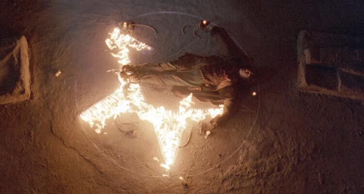 The First Power 1990 Movie Scene The body of Jeff Kober as Patrick Channing AKA The Pentagram Killer laying inside the burning pentagram