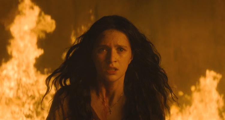The First Omen 2024 Movie Scene Nell Tiger Free as Margaret crying after she sets fire to the orphanage